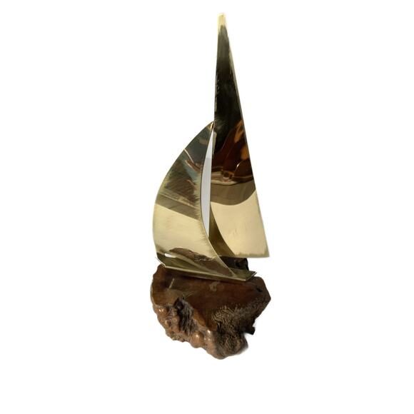 Vintage Mid Century Modern Brass Sailboat Ship with Wood Base - Picture 1 of 5